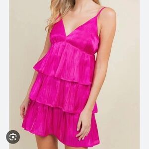 TCEC Magenta Tier Ruffle Satin Mini Dress